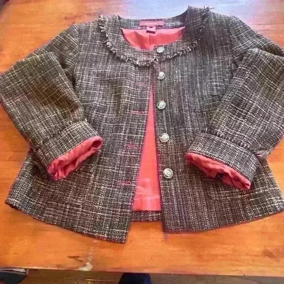 Sundance Brown Orange Rust Tweed Buttoned Jacket Collarless Fringe 8 Wool blend - Picture 2 of 10